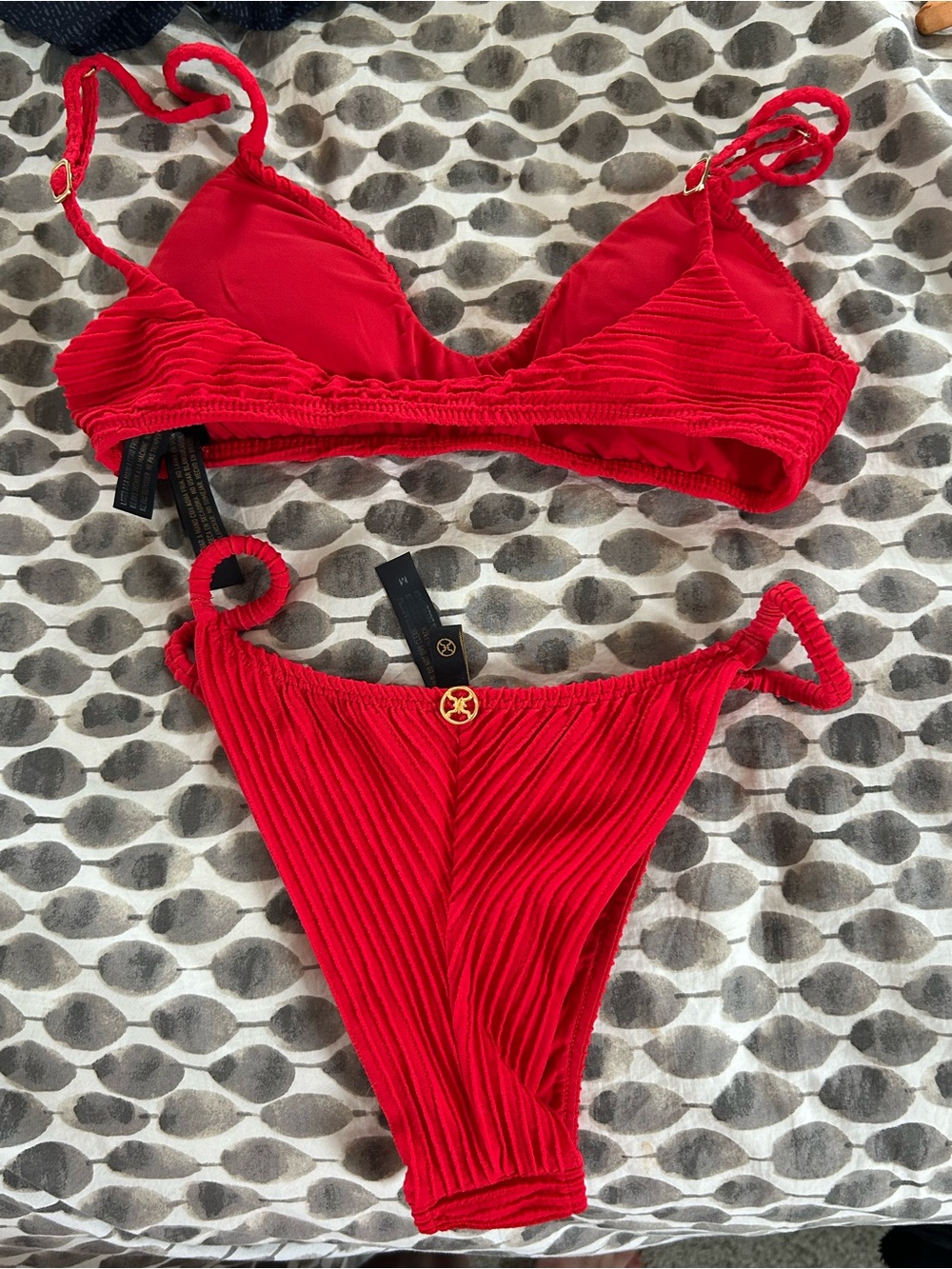 Textured Red Bikini Top with Gold Logo Detail - Picture 2 of 4